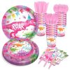 Pink Dinosaur Girl Paper Plates Party Supplie Plates and Napkins Birthday Disposable Tableware Set Party Dinnerware Serves 8 Guests for Plates, Napkin