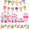 Lollipop Sweet Paper Plates Disposable Colorful Candy Party Supplies Happy Birthday Parties Festival Tableware Kit Serves 8 Guests for Kid Dinner Plat